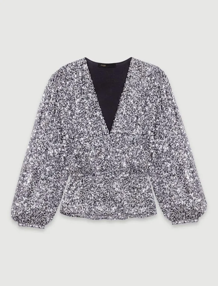 Maje Tops and Shirts Womens Smocked Sequin Top Silver