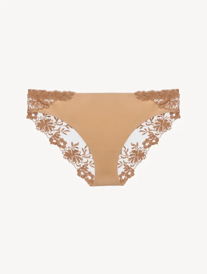 Medium Brief In Beige Lycra With Embroidered Tulle Lingerie La Perla Midrise