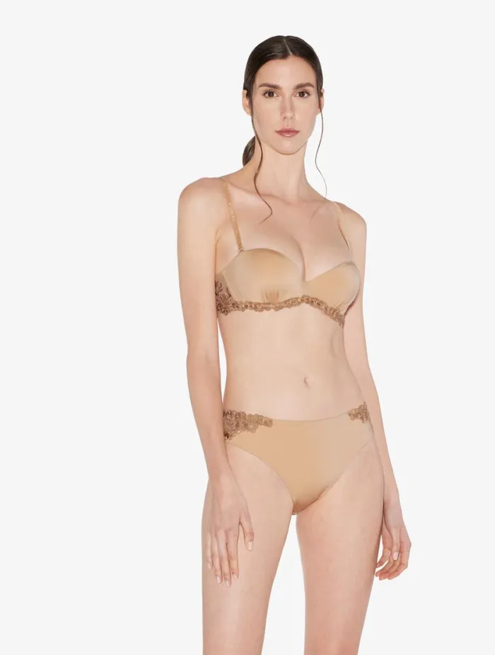 Medium Brief In Beige Lycra With Embroidered Tulle Lingerie La Perla Midrise