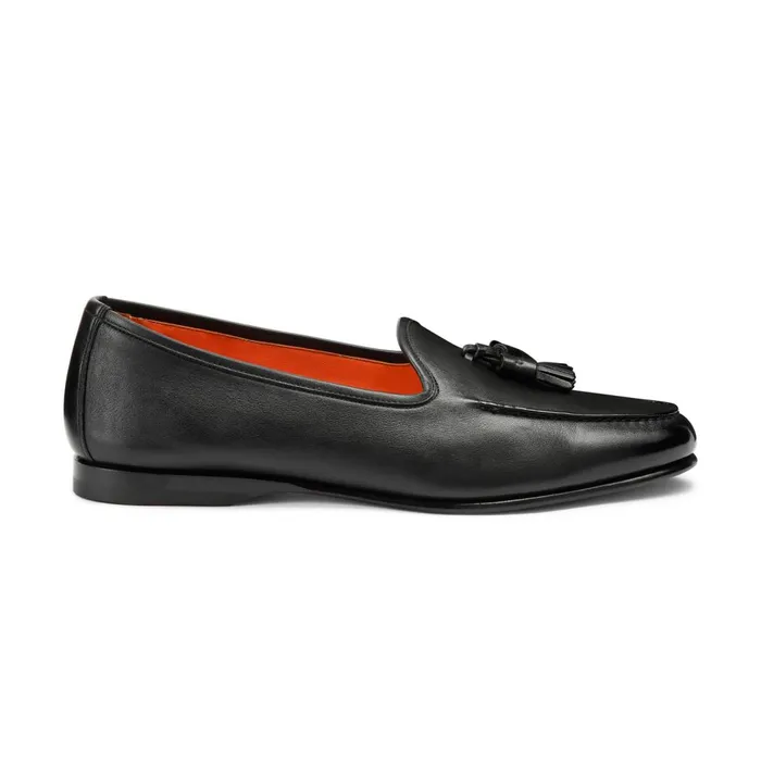 Men Black Leather Andrea Tassel Loafer Santoni Loafers