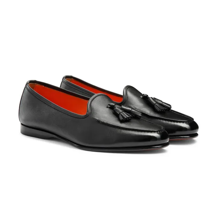 Men Black Leather Andrea Tassel Loafer Santoni Loafers