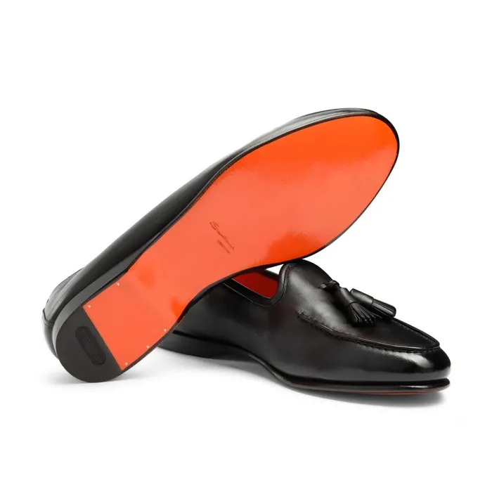 Men Black Leather Andrea Tassel Loafer Santoni Loafers
