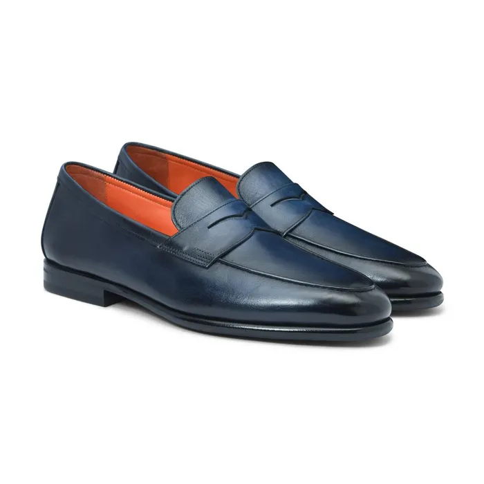 Men Blue Leather Carlo Loafer Santoni Loafers