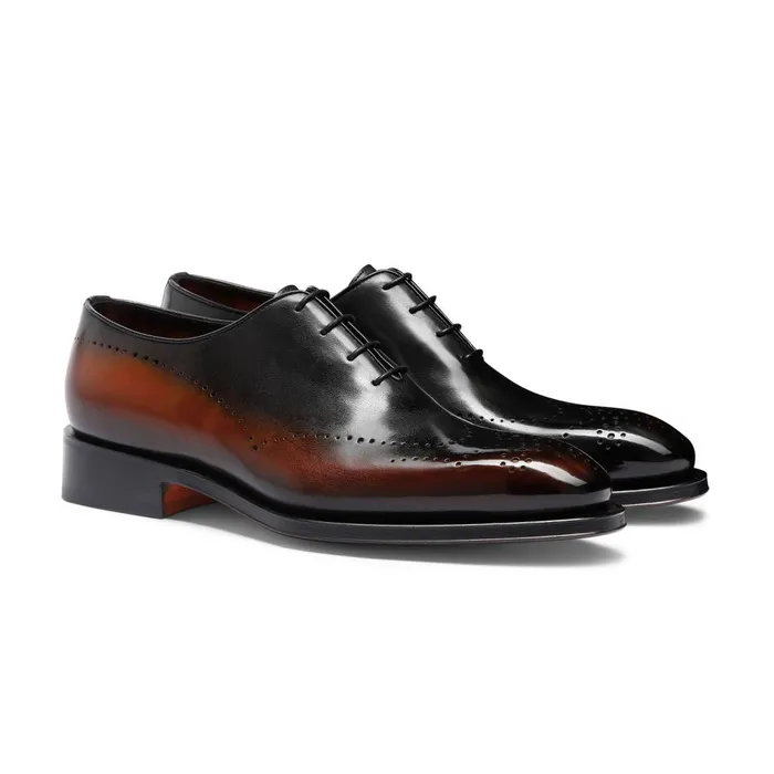 Men Brown Leather Oxford Brogue Santoni LaceUps