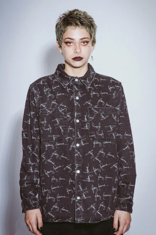 Men Cursive Washed Denim Overshirt Fucking Awesome Shirts Men Cursive Washed Denim Overshirt Fucking Awesome Shirts