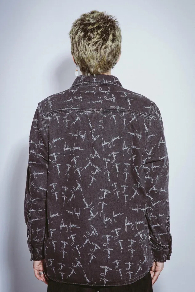Men Cursive Washed Denim Overshirt Fucking Awesome Shirts Men Cursive Washed Denim Overshirt Fucking Awesome Shirts
