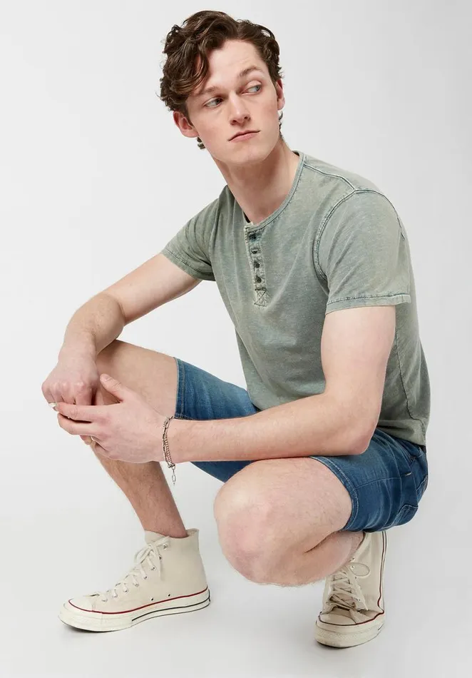 Men Henley Kipare Acid Wash TShirt Oil Green Buffalo David Bitton Tops and Tees