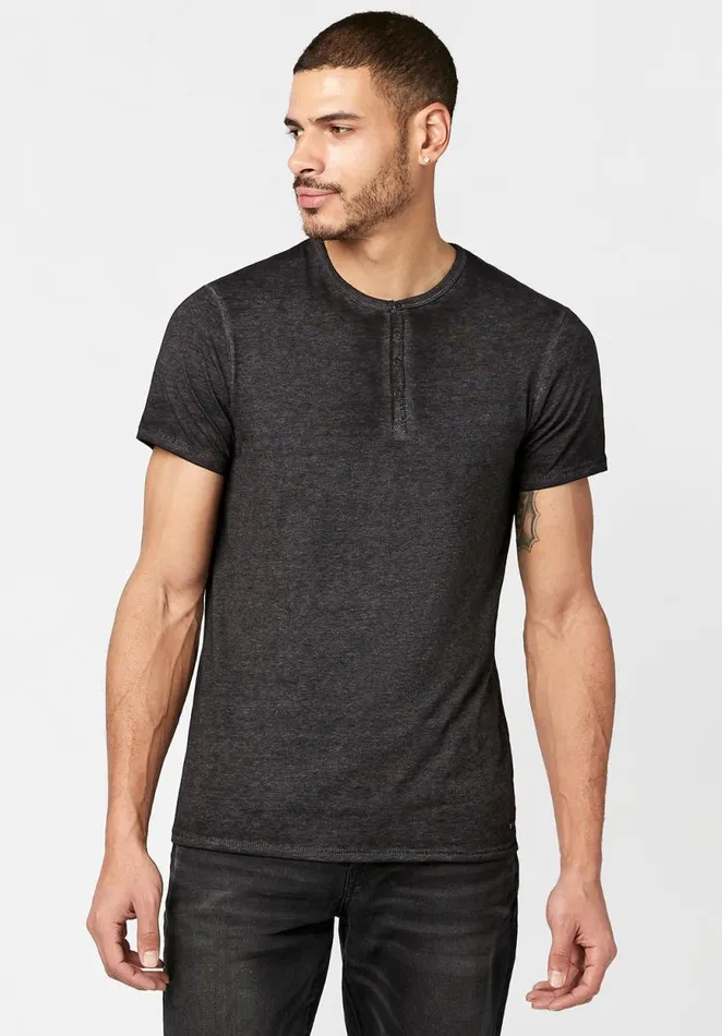 Men Kasum Buttoned Henley TShirt Black Buffalo David Bitton Tops and Tees