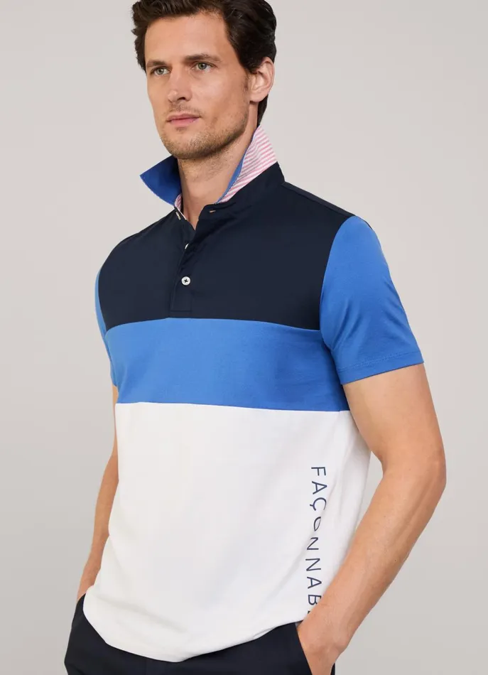 Men Polo Shirts Faonnable Regular Fit Colour Block Polo Blue
