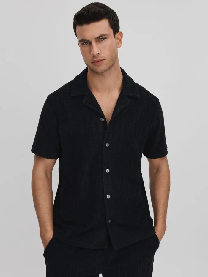 Men Reiss Knitwear Bay Towelling Cuban Collar Shirt Navy