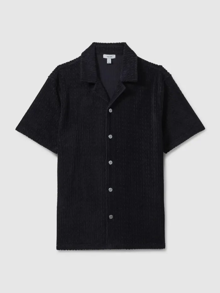 Men Reiss Knitwear Bay Towelling Cuban Collar Shirt Navy