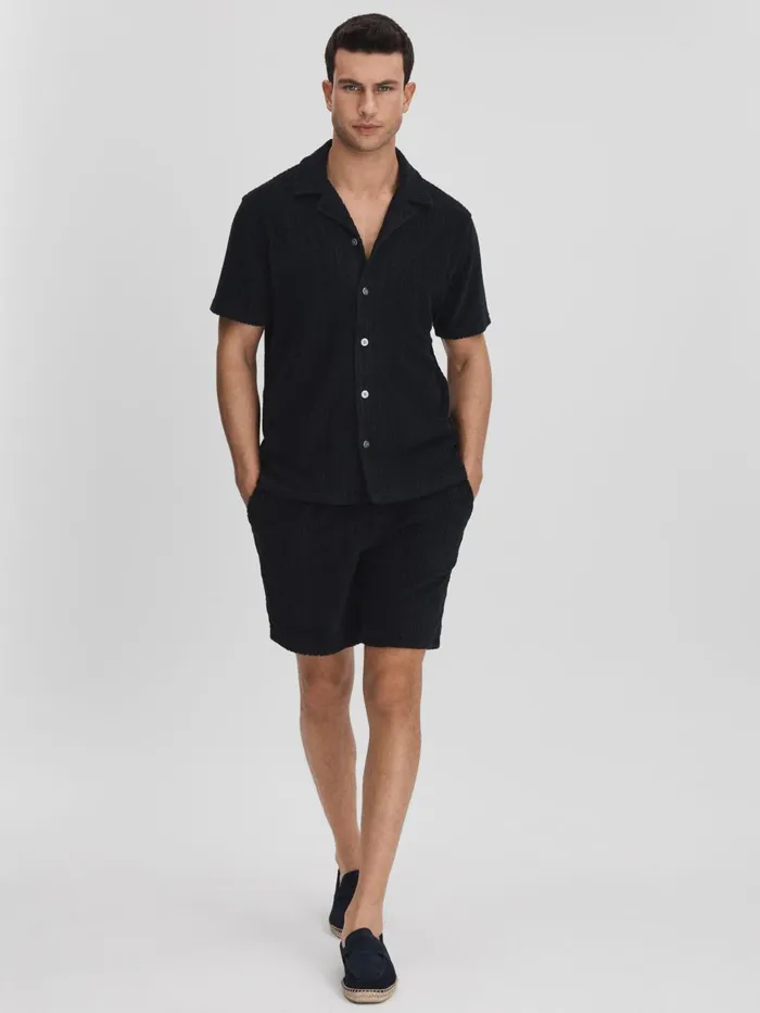 Men Reiss Knitwear Bay Towelling Cuban Collar Shirt Navy