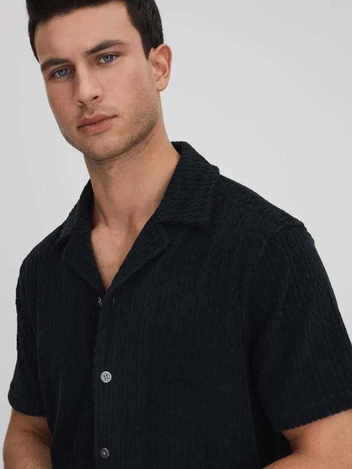 Men Reiss Knitwear Bay Towelling Cuban Collar Shirt Navy