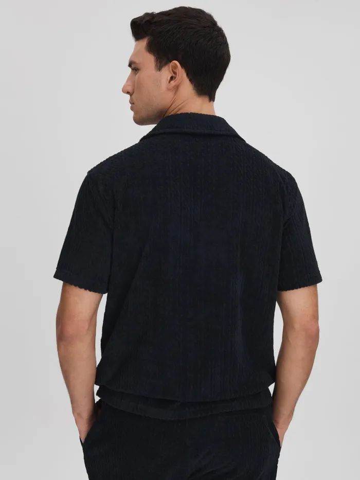 Men Reiss Knitwear Bay Towelling Cuban Collar Shirt Navy