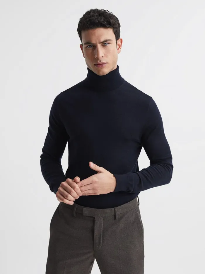 Men Reiss Knitwear Caine Slim Fit Merino Wool Roll Neck Jumper Navy