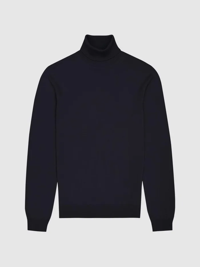 Men Reiss Knitwear Caine Slim Fit Merino Wool Roll Neck Jumper Navy