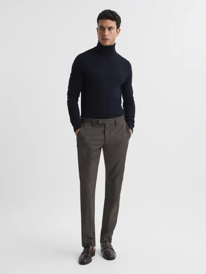 Men Reiss Knitwear Caine Slim Fit Merino Wool Roll Neck Jumper Navy