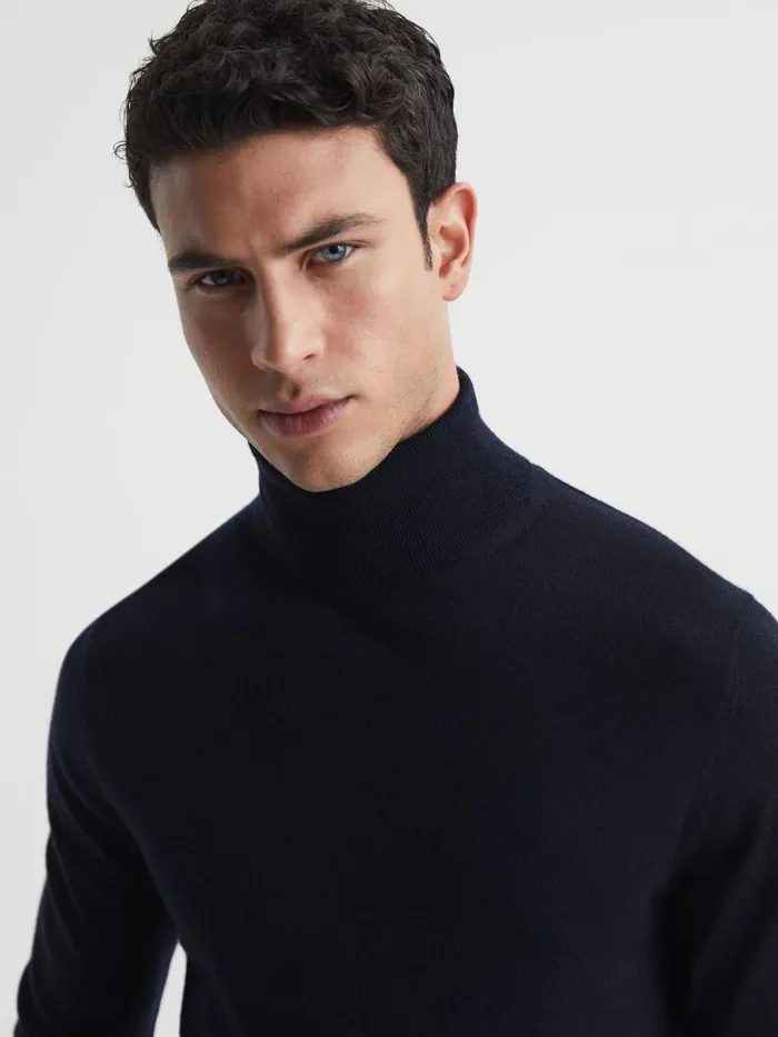 Men Reiss Knitwear Caine Slim Fit Merino Wool Roll Neck Jumper Navy