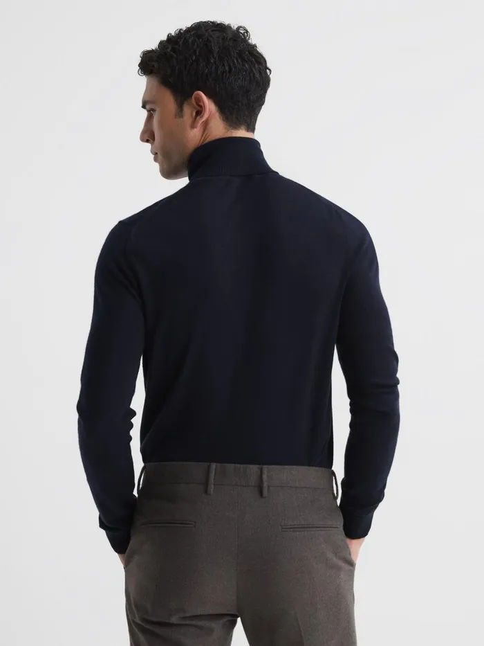 Men Reiss Knitwear Caine Slim Fit Merino Wool Roll Neck Jumper Navy