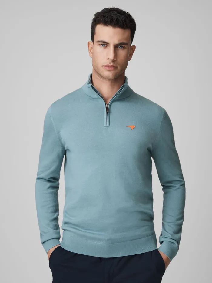 Men Reiss Knitwear F1 Merino HalfZip Funnel Neck Jumper Soft Blue
