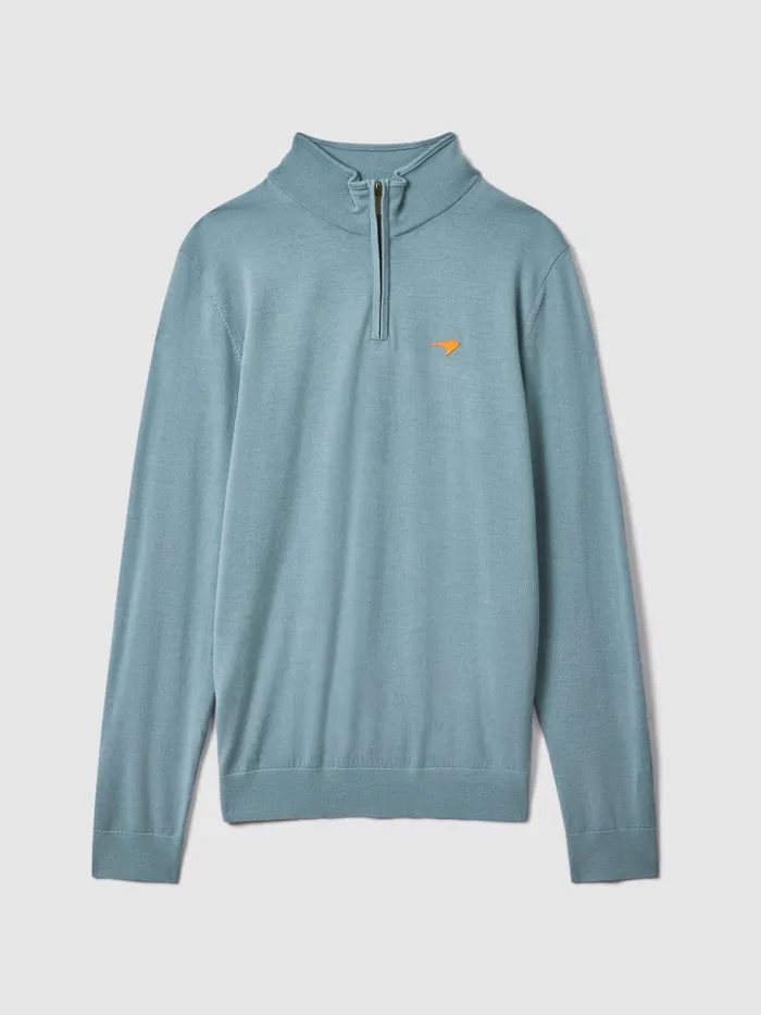 Men Reiss Knitwear F1 Merino HalfZip Funnel Neck Jumper Soft Blue