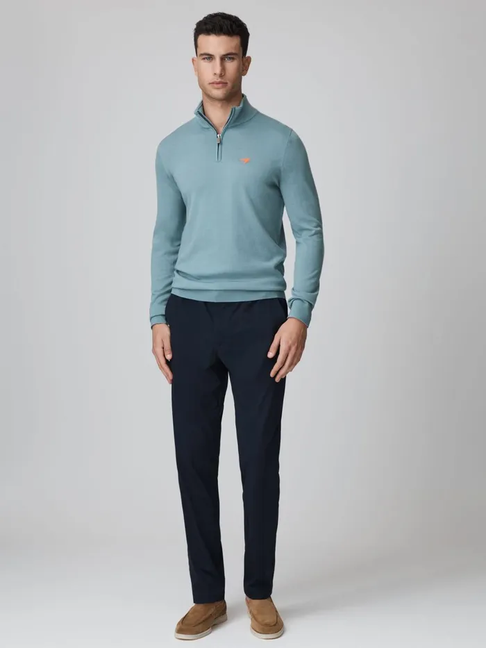 Men Reiss Knitwear F1 Merino HalfZip Funnel Neck Jumper Soft Blue