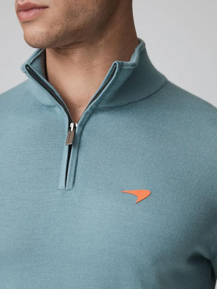 Men Reiss Knitwear F1 Merino HalfZip Funnel Neck Jumper Soft Blue