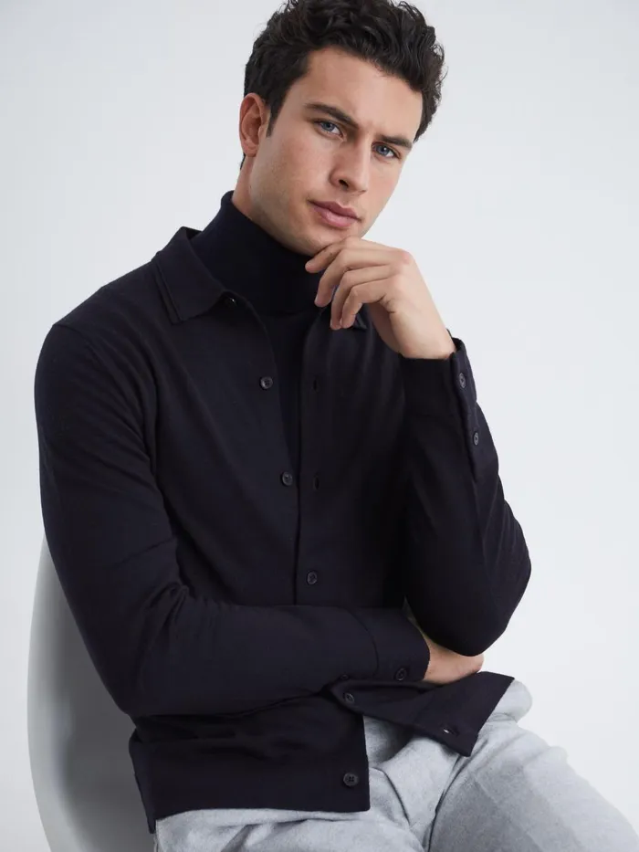 Men Reiss Knitwear Forbes Merino Wool ButtonThrough Cardigan Navy