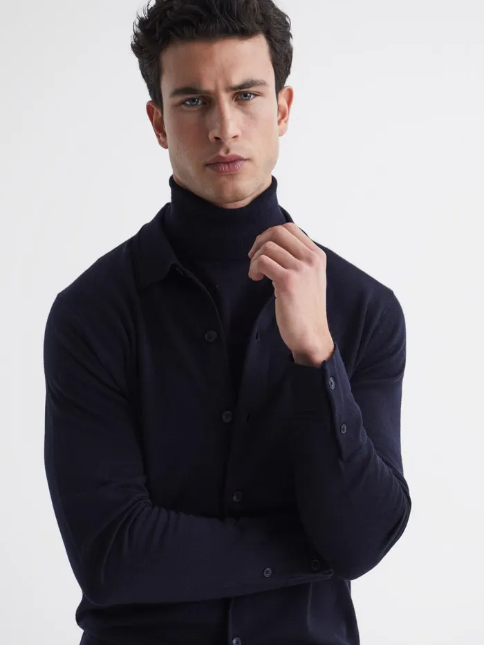 Men Reiss Knitwear Forbes Merino Wool ButtonThrough Cardigan Navy
