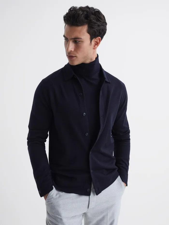 Men Reiss Knitwear Forbes Merino Wool ButtonThrough Cardigan Navy