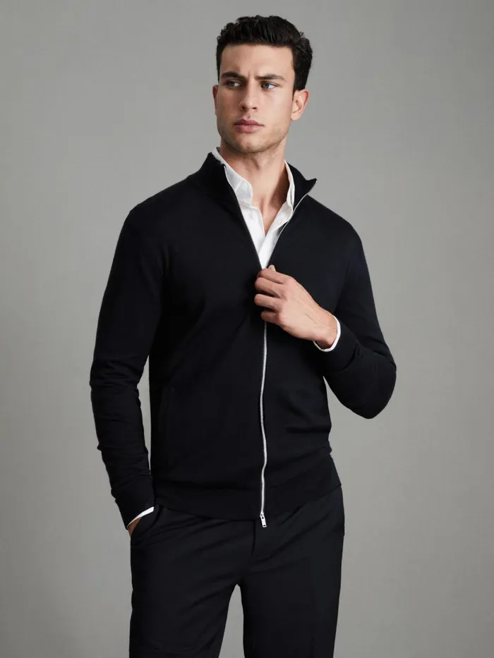 Men Reiss Knitwear Hampshire Merino Wool FunnelNeck Jacket Black