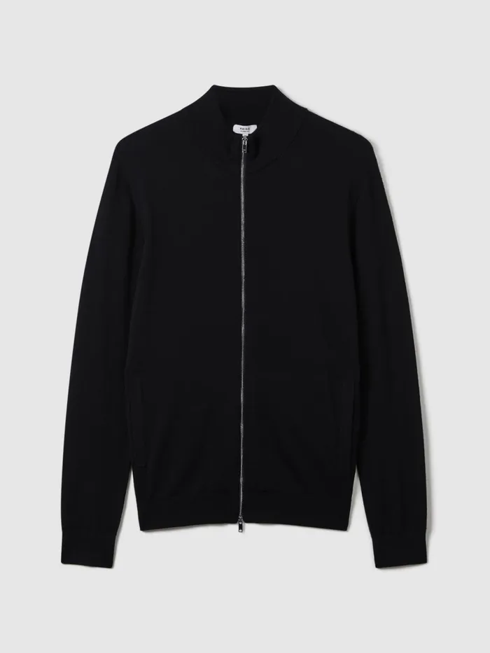 Men Reiss Knitwear Hampshire Merino Wool FunnelNeck Jacket Black