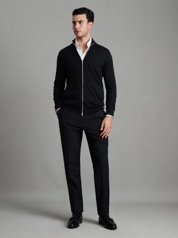 Men Reiss Knitwear Hampshire Merino Wool FunnelNeck Jacket Black
