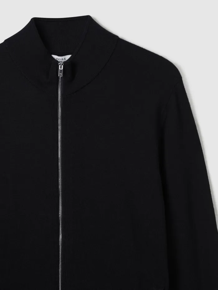 Men Reiss Knitwear Hampshire Merino Wool FunnelNeck Jacket Black