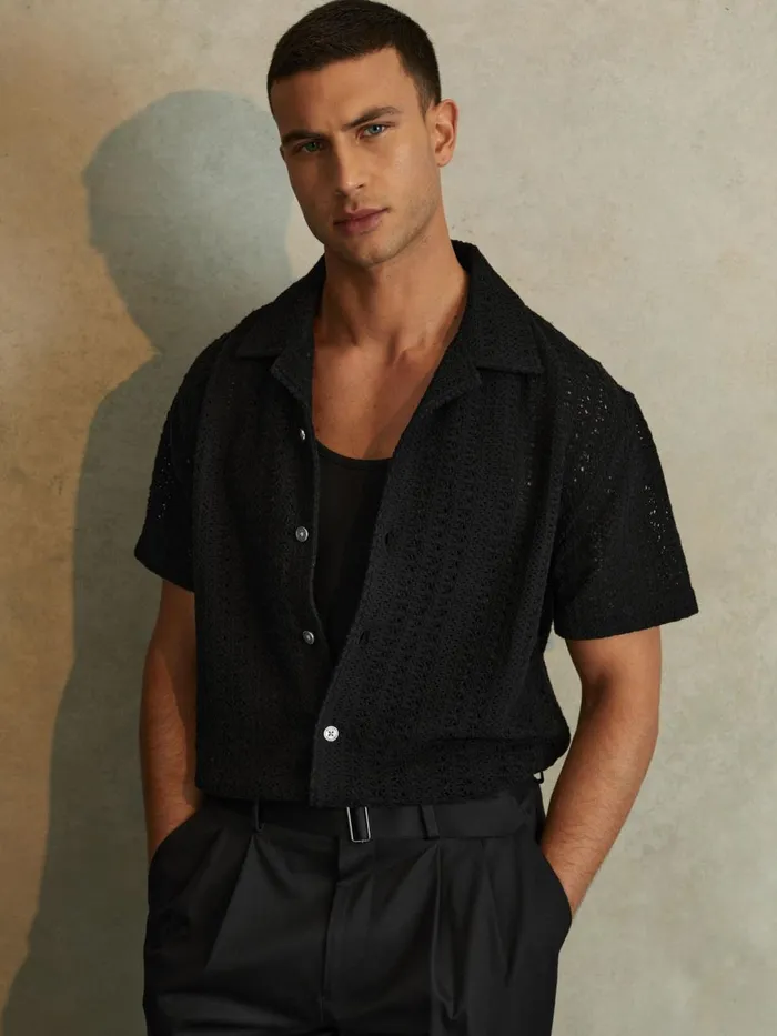Men Reiss Knitwear Paradise Cotton Crochet Cuban Collar Shirt Black