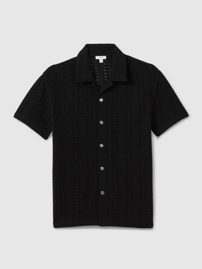 Men Reiss Knitwear Paradise Cotton Crochet Cuban Collar Shirt Black