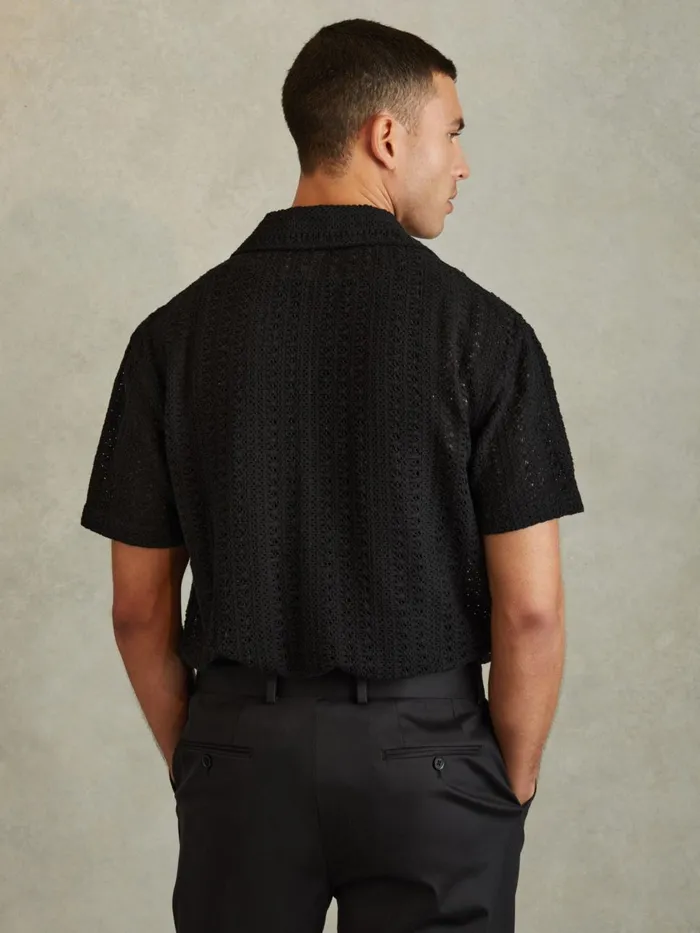 Men Reiss Knitwear Paradise Cotton Crochet Cuban Collar Shirt Black