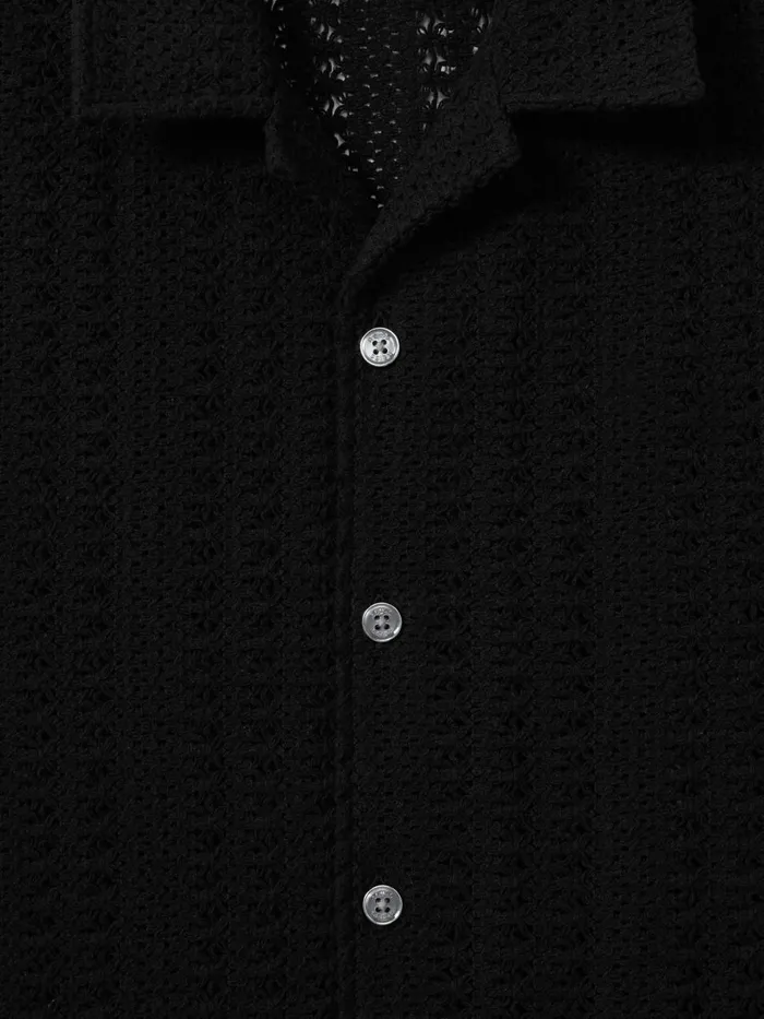 Men Reiss Knitwear Paradise Cotton Crochet Cuban Collar Shirt Black