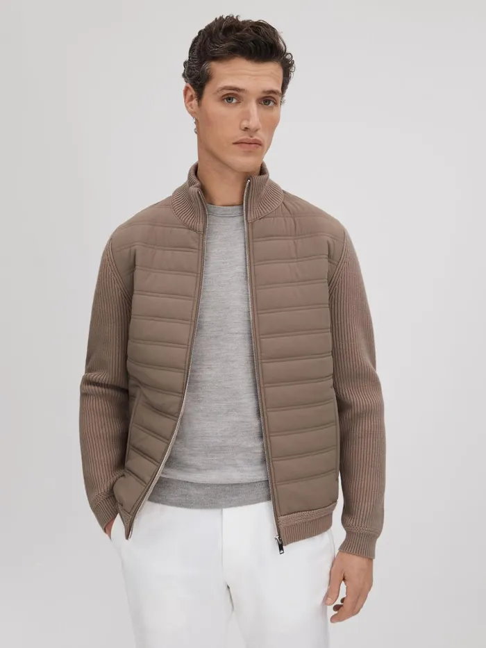 Men Reiss Knitwear Southend Hybrid Quilt And Knit ZipThrough Jacket Mink