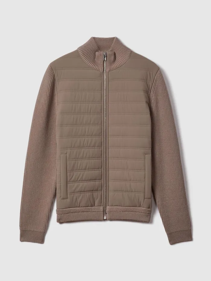 Men Reiss Knitwear Southend Hybrid Quilt And Knit ZipThrough Jacket Mink