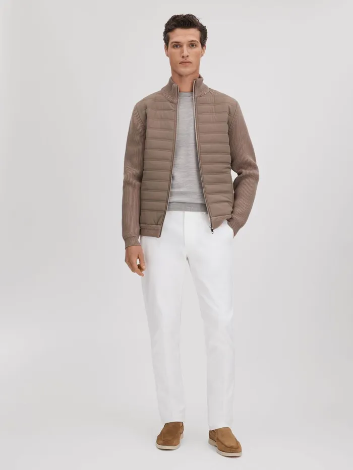 Men Reiss Knitwear Southend Hybrid Quilt And Knit ZipThrough Jacket Mink