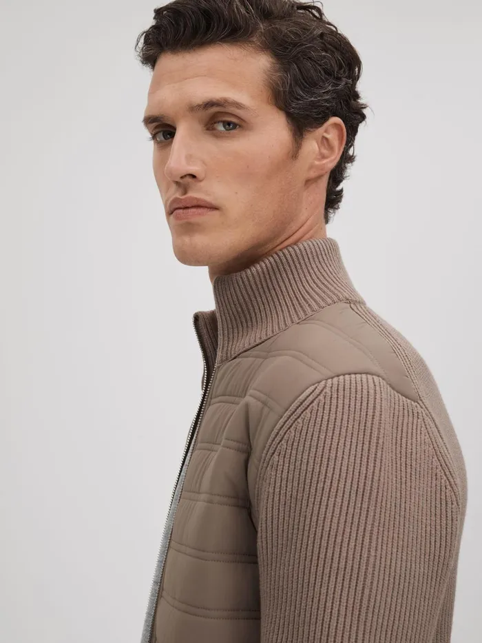 Men Reiss Knitwear Southend Hybrid Quilt And Knit ZipThrough Jacket Mink