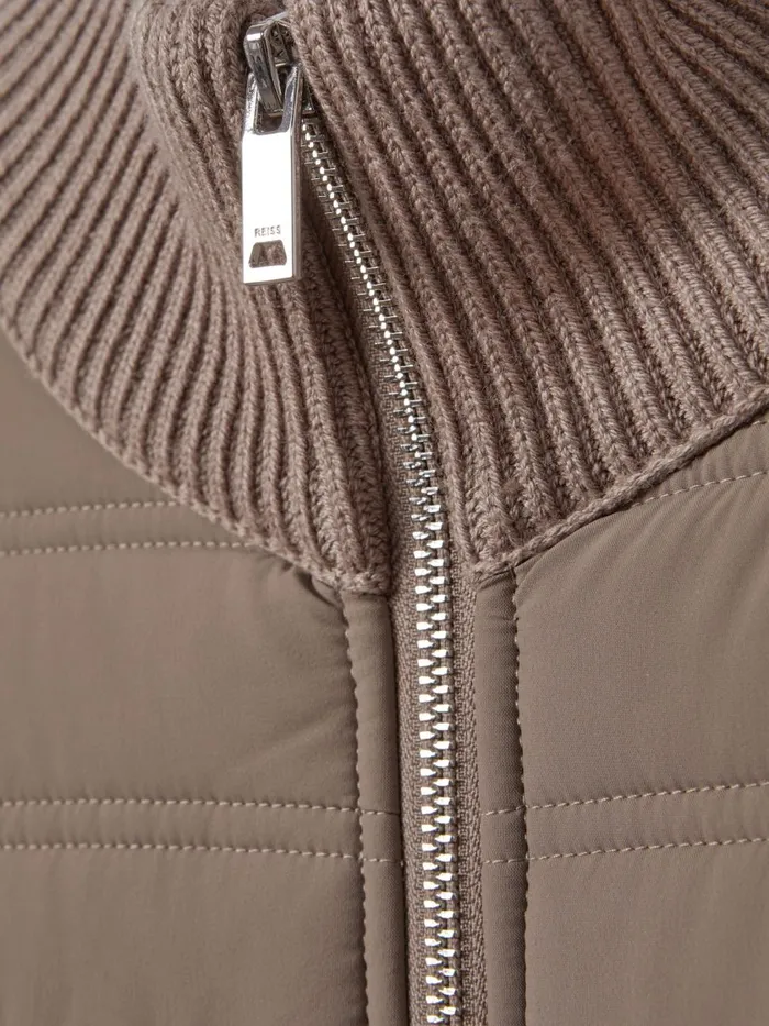 Men Reiss Knitwear Southend Hybrid Quilt And Knit ZipThrough Jacket Mink
