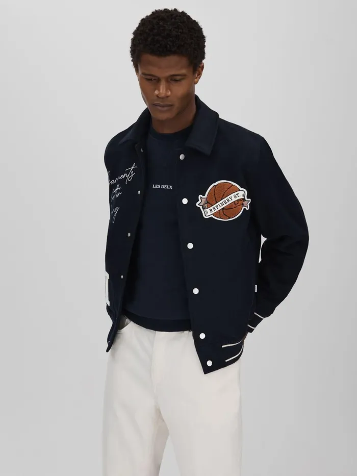 Men Reiss Outerwear and Coats Deux Wool Blend Varsity Jacket Dark Navy