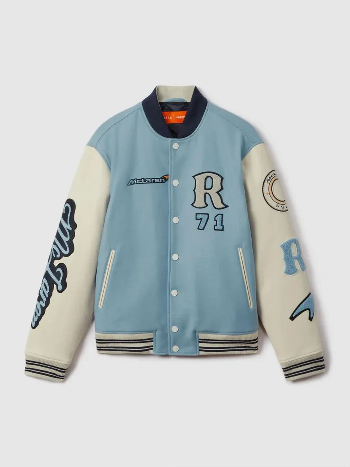 Men Reiss Outerwear and Coats F1 Leather Varsity Jacket Soft Blueecru