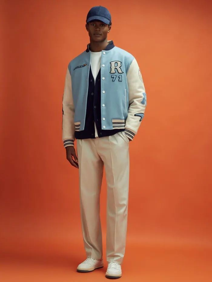 Men Reiss Outerwear and Coats F1 Leather Varsity Jacket Soft Blueecru