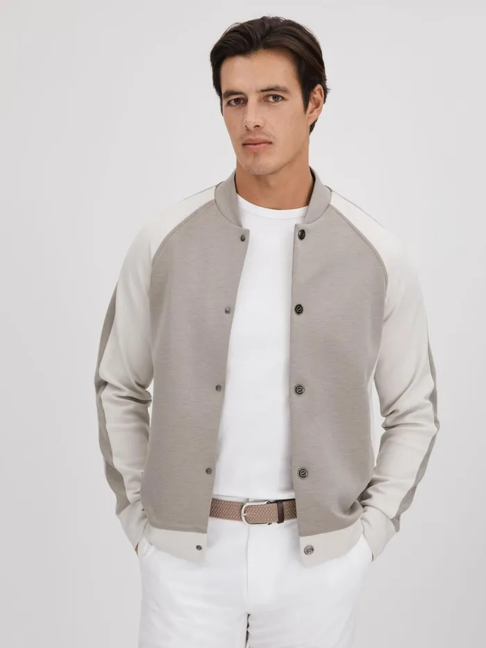 Men Reiss Outerwear and Coats Pelham Colourblock Jersey Bomber Jacket Taupewhite Men Reiss Outerwear and Coats Pelham Colourblock Jersey Bomber Jacket Taupewhite