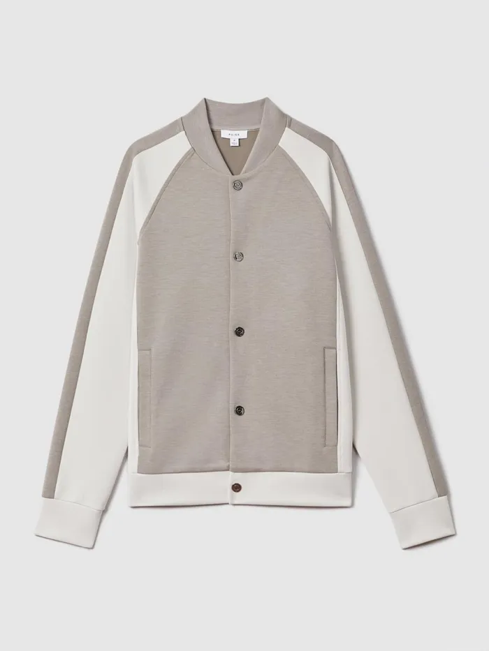 Men Reiss Outerwear and Coats Pelham Colourblock Jersey Bomber Jacket Taupewhite