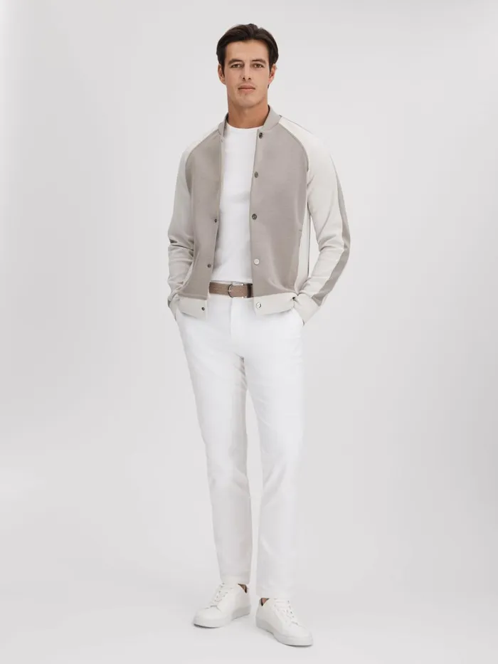 Men Reiss Outerwear and Coats Pelham Colourblock Jersey Bomber Jacket Taupewhite