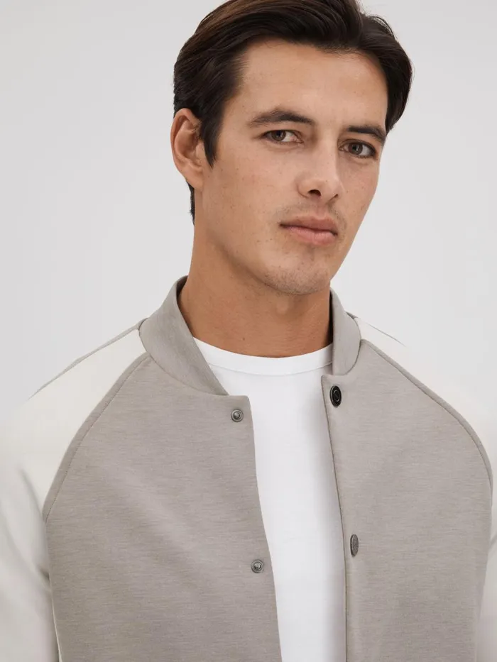 Men Reiss Outerwear and Coats Pelham Colourblock Jersey Bomber Jacket Taupewhite